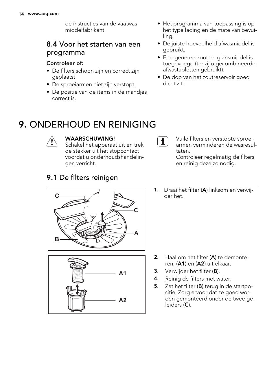 Onderhoud en reiniging, 4 voor het starten van een programma, 1 de filters reinigen | AEG F77709M0P User Manual | Page 14 / 68