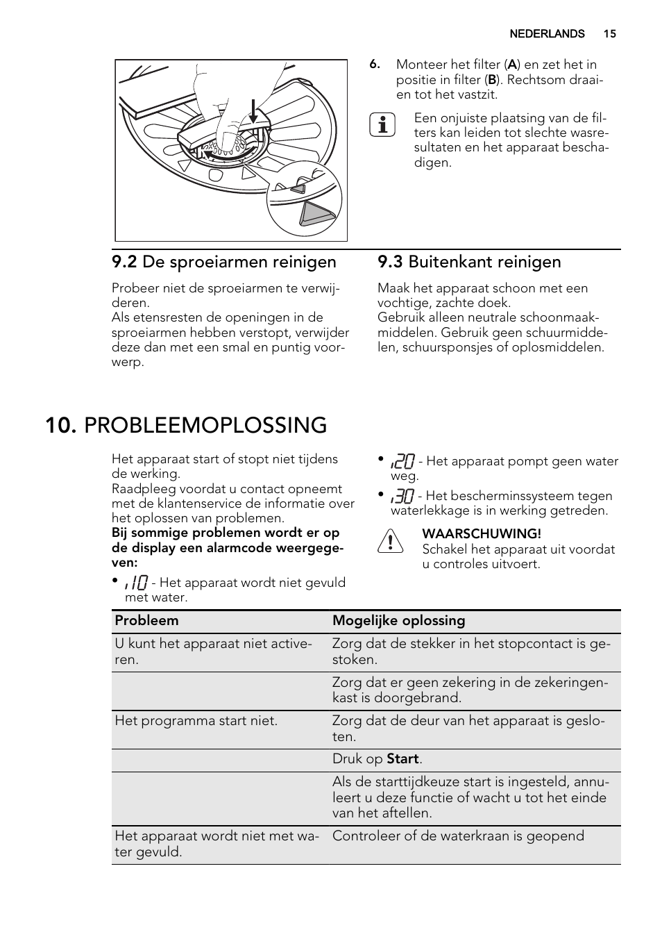 Probleemoplossing, 2 de sproeiarmen reinigen, 3 buitenkant reinigen | AEG F77709M0P User Manual | Page 15 / 68