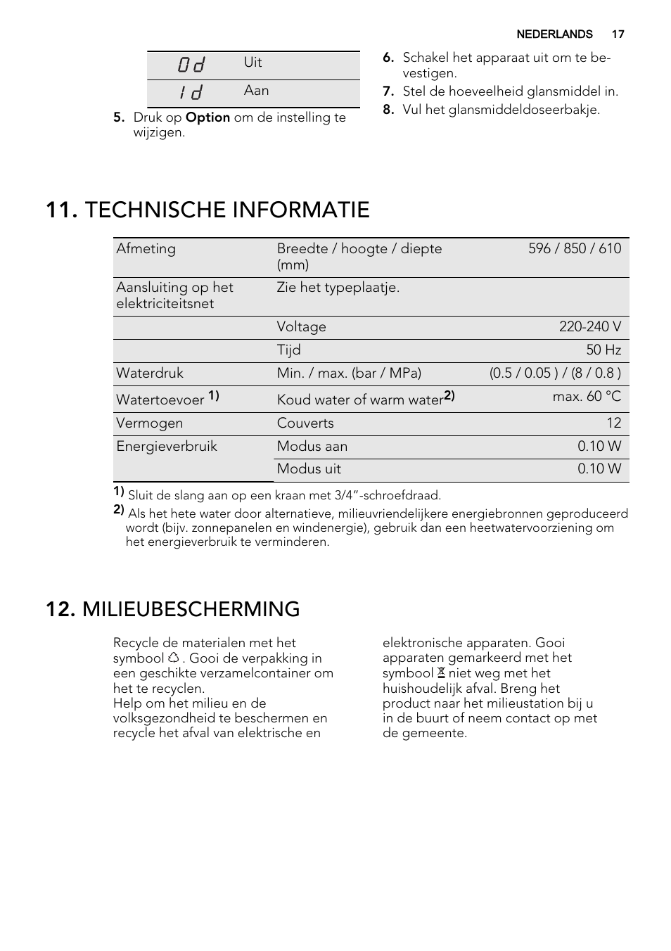 Technische informatie, Milieubescherming | AEG F77709M0P User Manual | Page 17 / 68