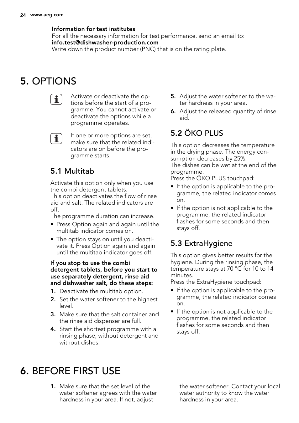 Options, Before first use, 1 multitab | 2 öko plus, 3 extrahygiene | AEG F77709M0P User Manual | Page 24 / 68