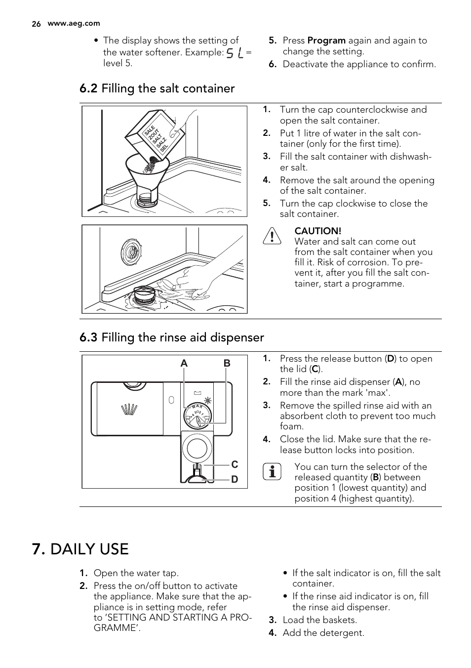 Daily use, 2 filling the salt container, 3 filling the rinse aid dispenser | AEG F77709M0P User Manual | Page 26 / 68