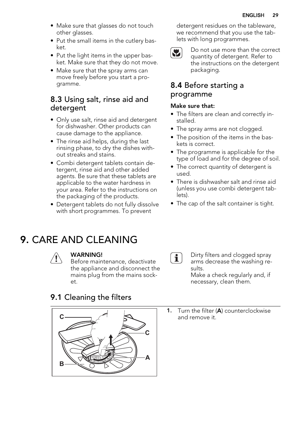 Care and cleaning, 3 using salt, rinse aid and detergent, 4 before starting a programme | 1 cleaning the filters | AEG F77709M0P User Manual | Page 29 / 68