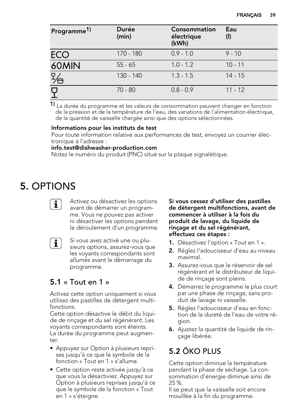 Options, 1 « tout en 1, 2 öko plus | AEG F77709M0P User Manual | Page 39 / 68