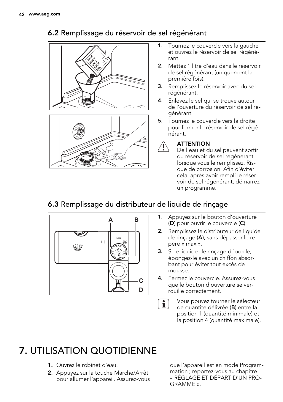 Utilisation quotidienne, 2 remplissage du réservoir de sel régénérant | AEG F77709M0P User Manual | Page 42 / 68