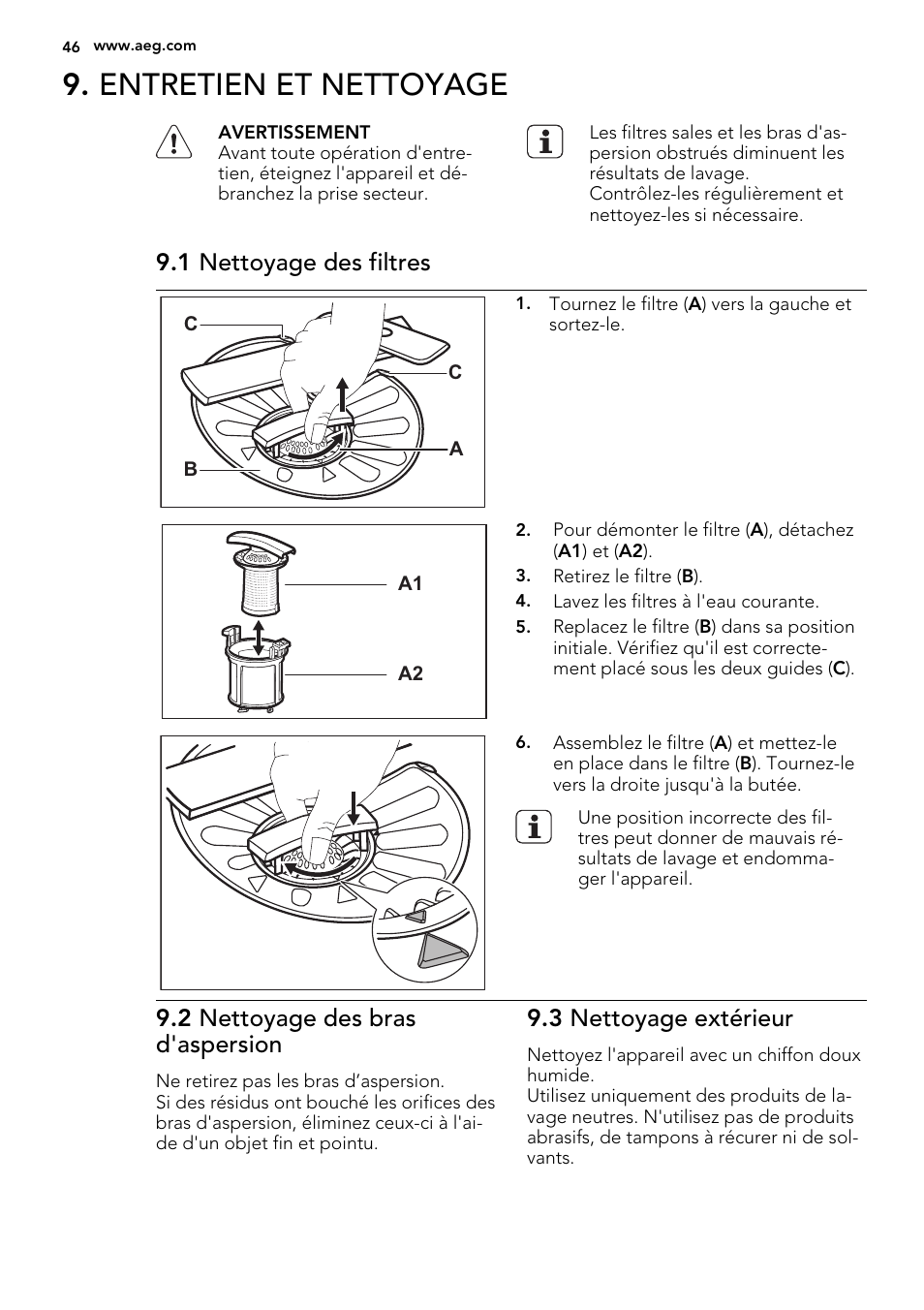 Entretien et nettoyage, 1 nettoyage des filtres, 2 nettoyage des bras d'aspersion | 3 nettoyage extérieur | AEG F77709M0P User Manual | Page 46 / 68