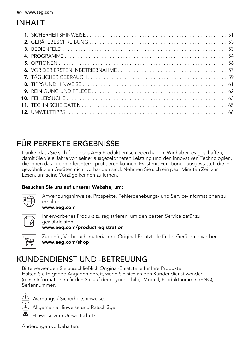 Inhalt, Für perfekte ergebnisse, Kundendienst und -betreuung | AEG F77709M0P User Manual | Page 50 / 68