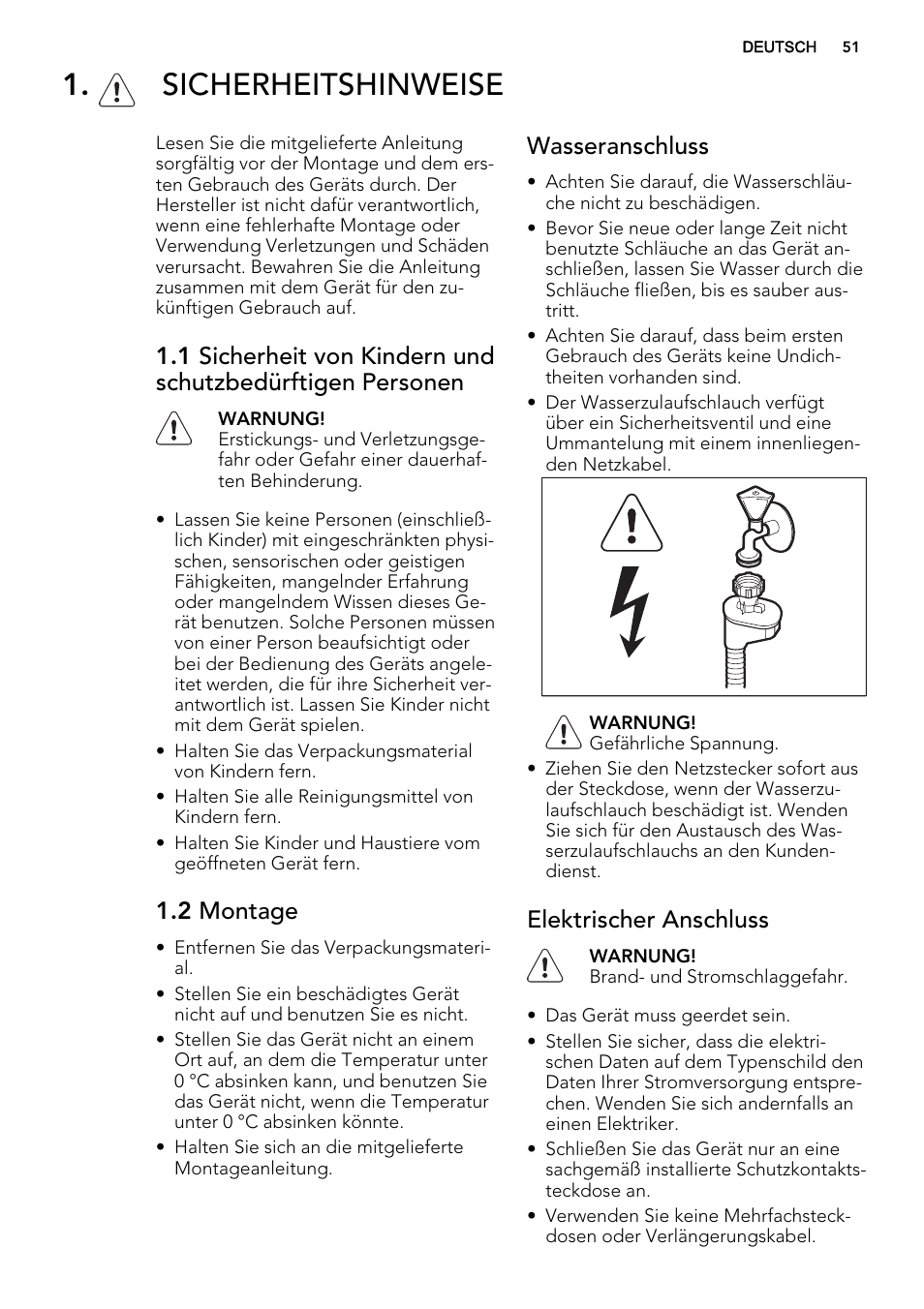 Sicherheitshinweise, 2 montage, Wasseranschluss | Elektrischer anschluss | AEG F77709M0P User Manual | Page 51 / 68