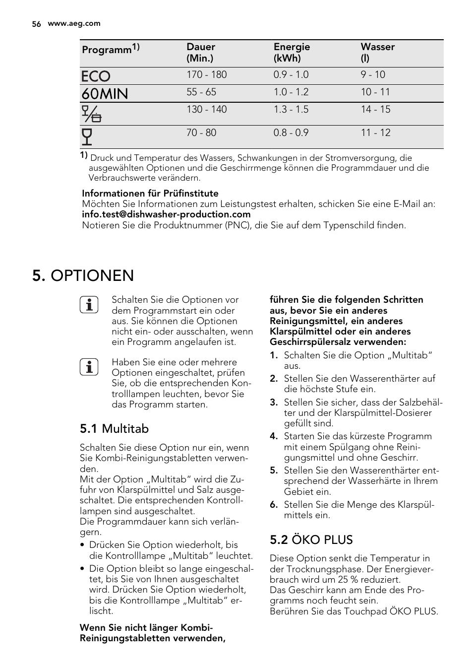 Optionen, 1 multitab, 2 öko plus | AEG F77709M0P User Manual | Page 56 / 68