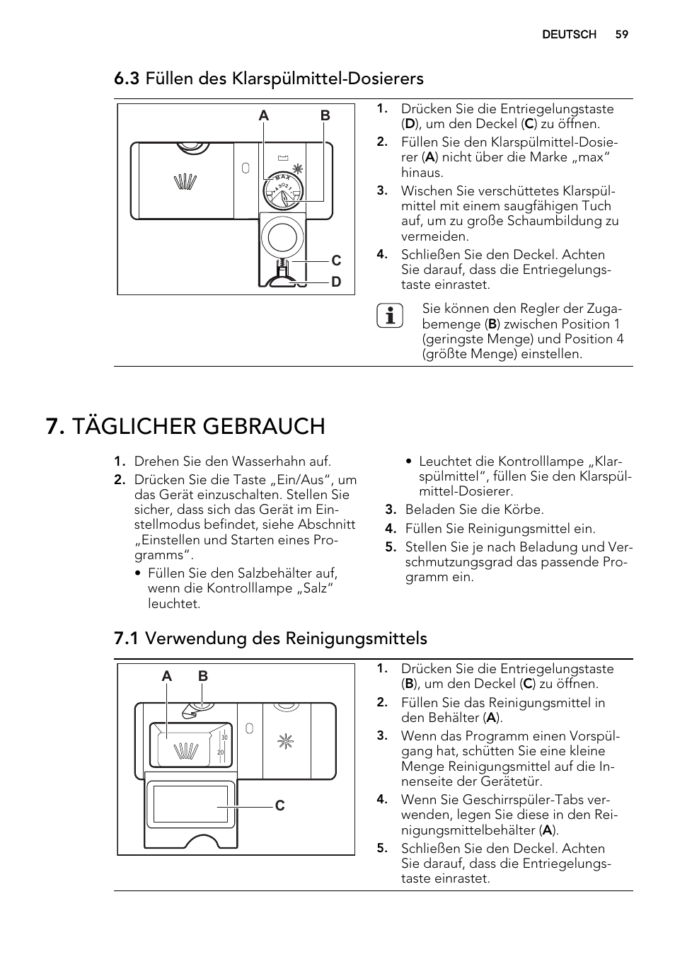 Täglicher gebrauch, 3 füllen des klarspülmittel-dosierers, 1 verwendung des reinigungsmittels | Ab d c, Ab c | AEG F77709M0P User Manual | Page 59 / 68