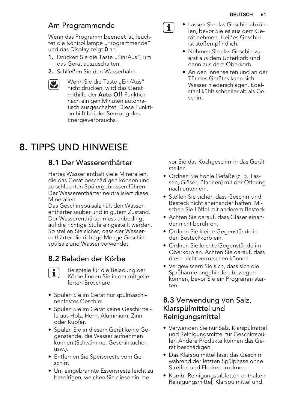 Tipps und hinweise, Am programmende, 1 der wasserenthärter | 2 beladen der körbe | AEG F77709M0P User Manual | Page 61 / 68