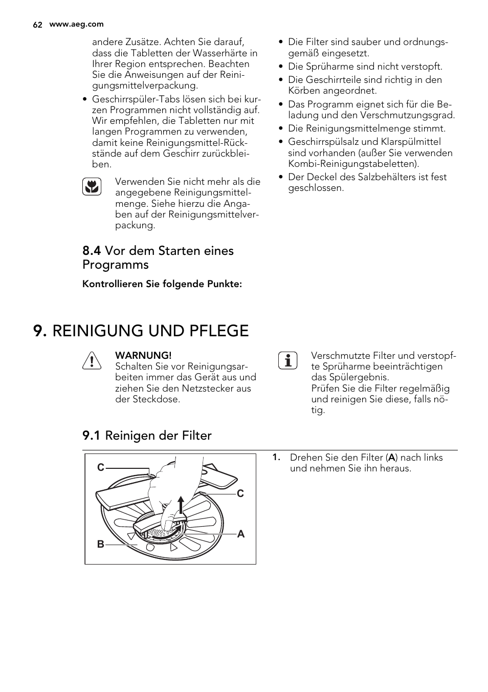Reinigung und pflege, 4 vor dem starten eines programms, 1 reinigen der filter | AEG F77709M0P User Manual | Page 62 / 68