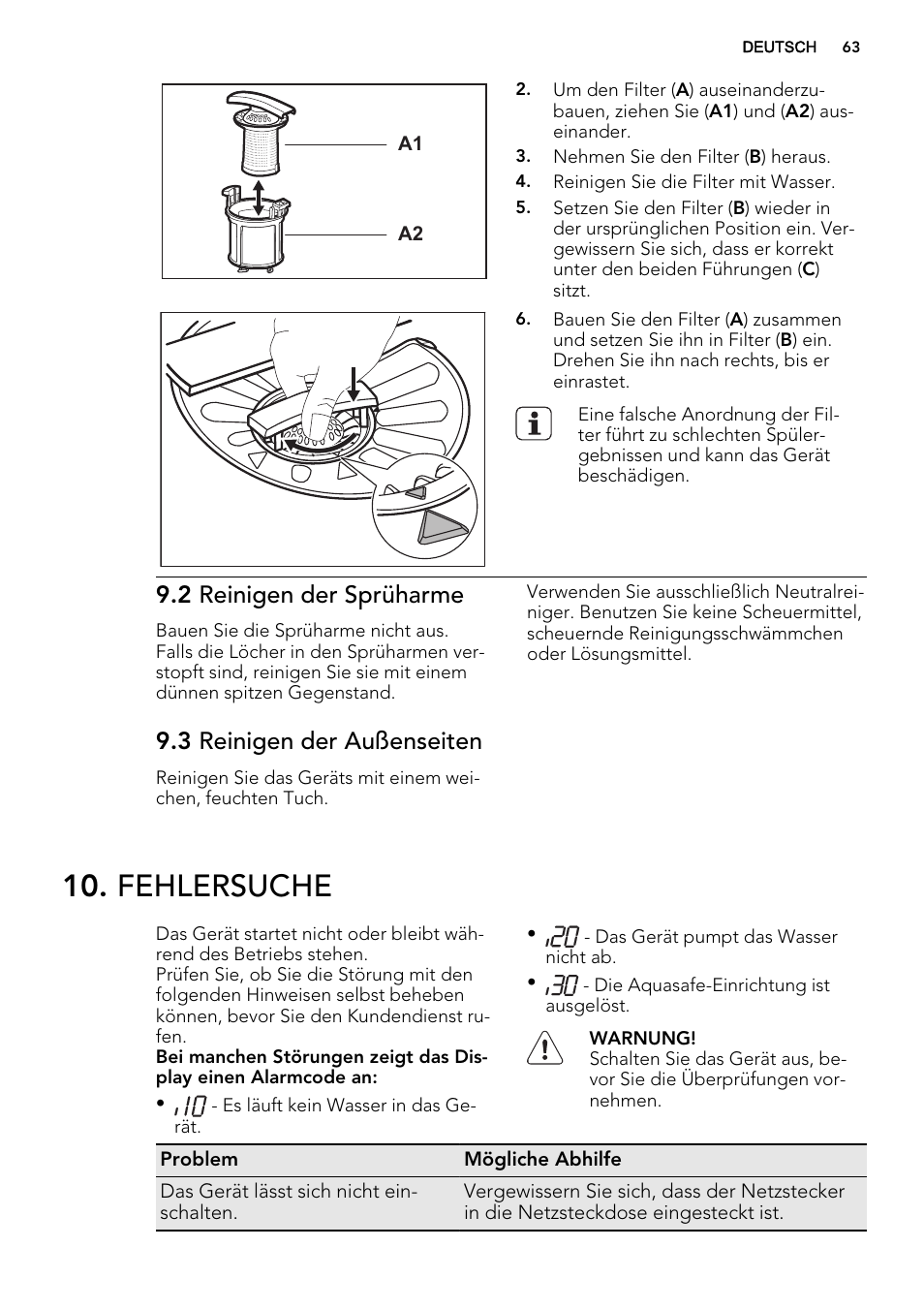 Fehlersuche, 2 reinigen der sprüharme, 3 reinigen der außenseiten | AEG F77709M0P User Manual | Page 63 / 68