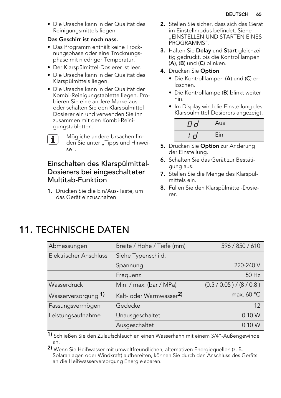 Technische daten | AEG F77709M0P User Manual | Page 65 / 68