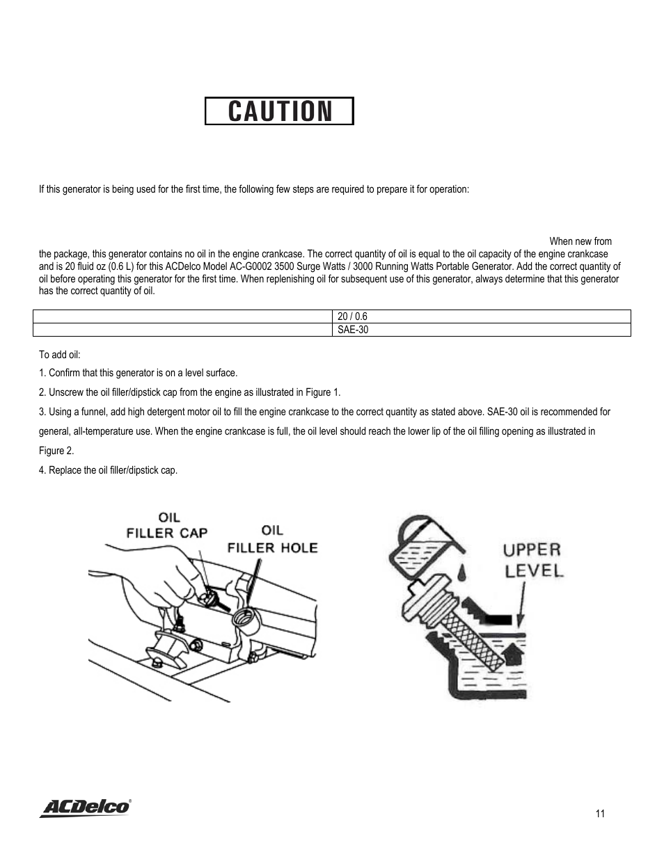 Preparing the generator for use, Using this generator for the first-time, Step 1 - add oil | Stop | ACDelco AC-G0002 User Manual | Page 11 / 36