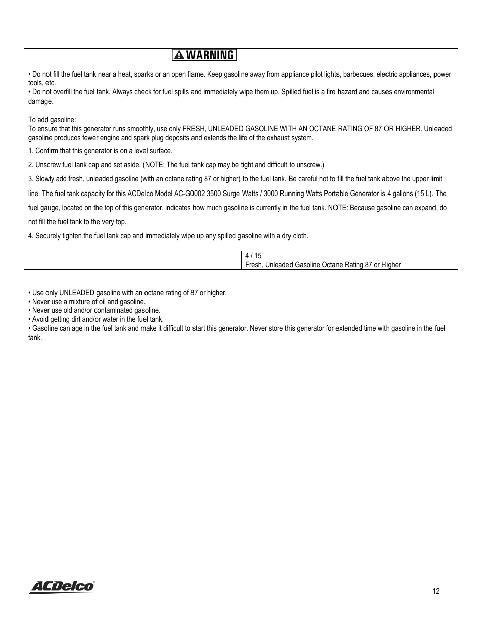 Step 2 - add gasoline | ACDelco AC-G0002 User Manual | Page 12 / 36