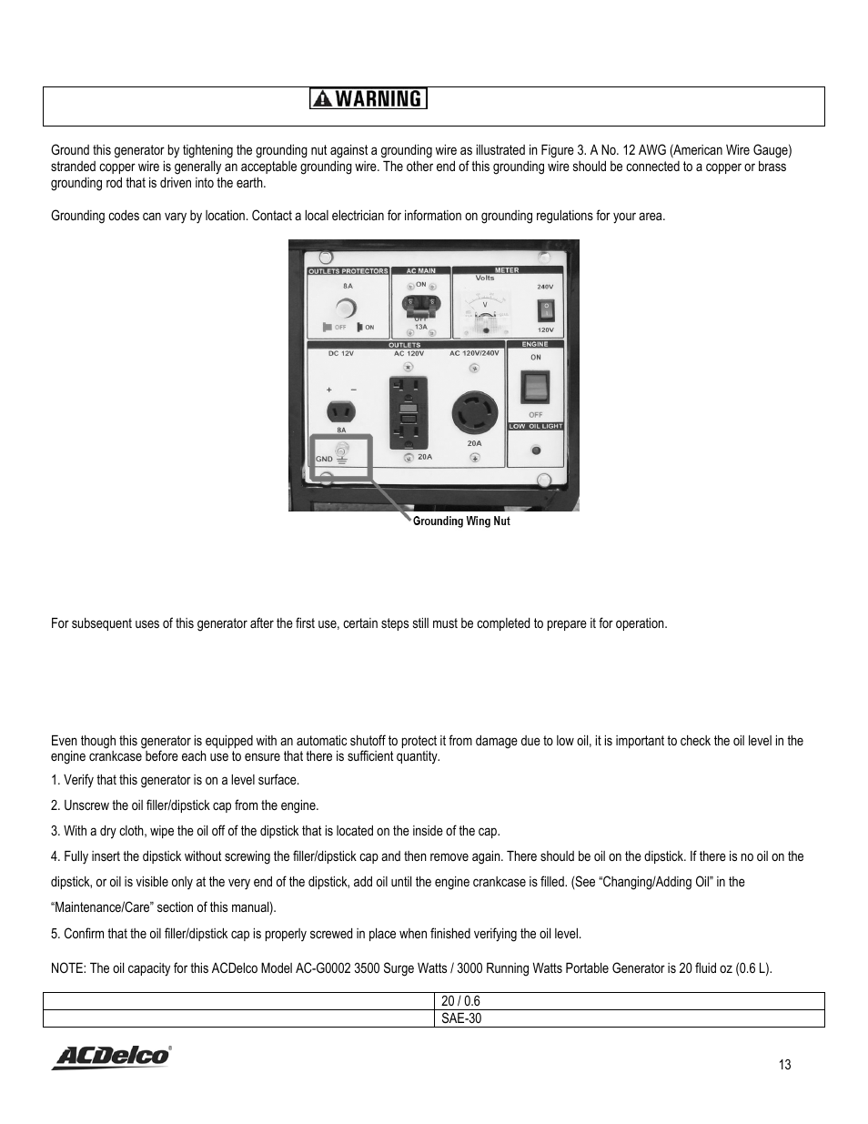 Step 3 - ground the generator, Subsequent use of this generator, Step 1 - verify oil level | ACDelco AC-G0002 User Manual | Page 13 / 36