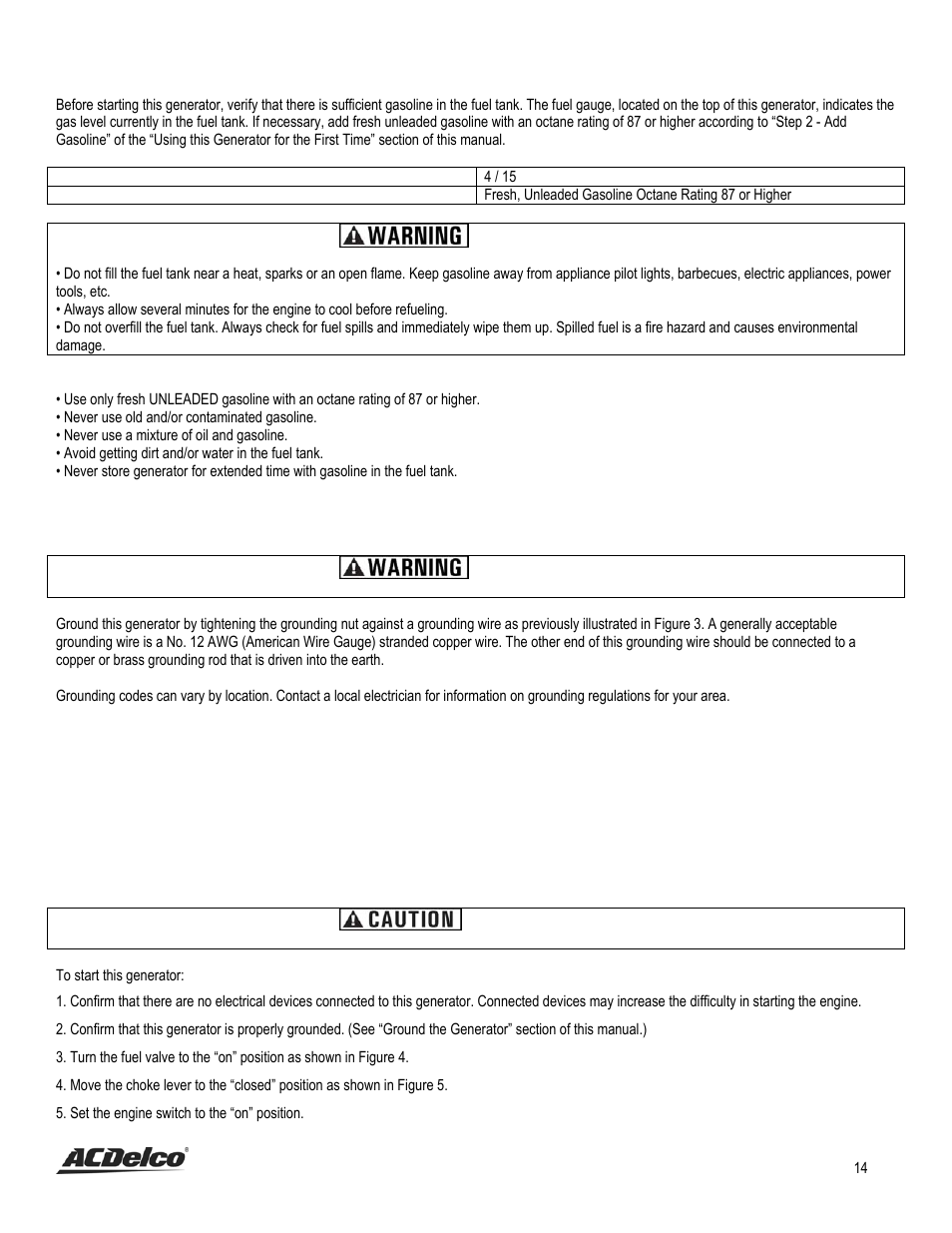Step 2 - verify gas level, Step 3 - ground the generator, Starting the generator | Stop | ACDelco AC-G0002 User Manual | Page 14 / 36