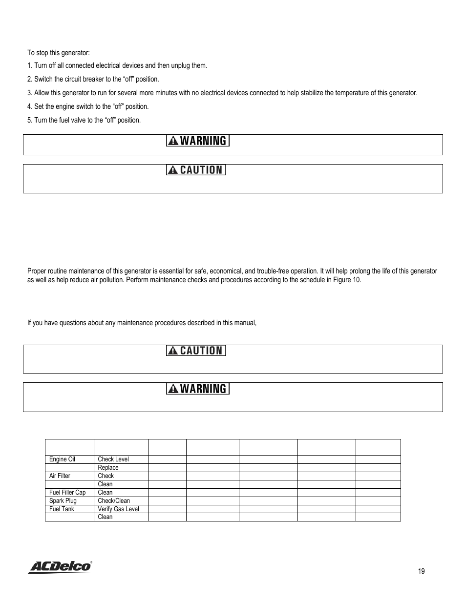 Stopping the generator, Maintenance/care, Recommended maintenance schedule | Stop | ACDelco AC-G0002 User Manual | Page 19 / 36