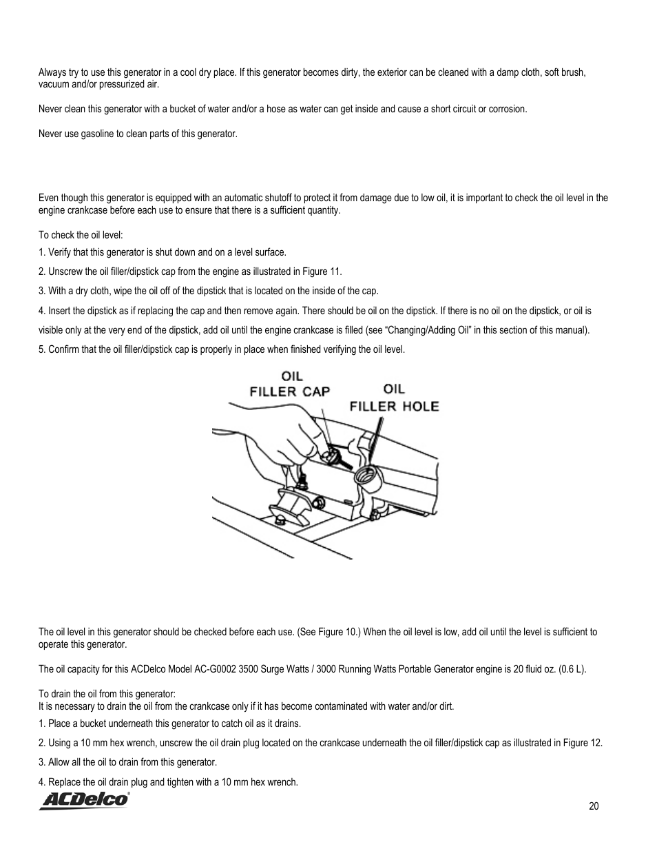 Cleaning the generator, Checking the oil level, Changing/adding oil | ACDelco AC-G0002 User Manual | Page 20 / 36
