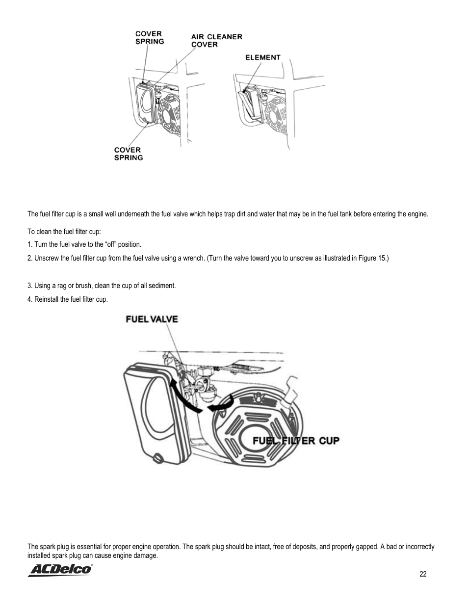 Fuel filter cup cleaning, Spark plug maintenance | ACDelco AC-G0002 User Manual | Page 22 / 36