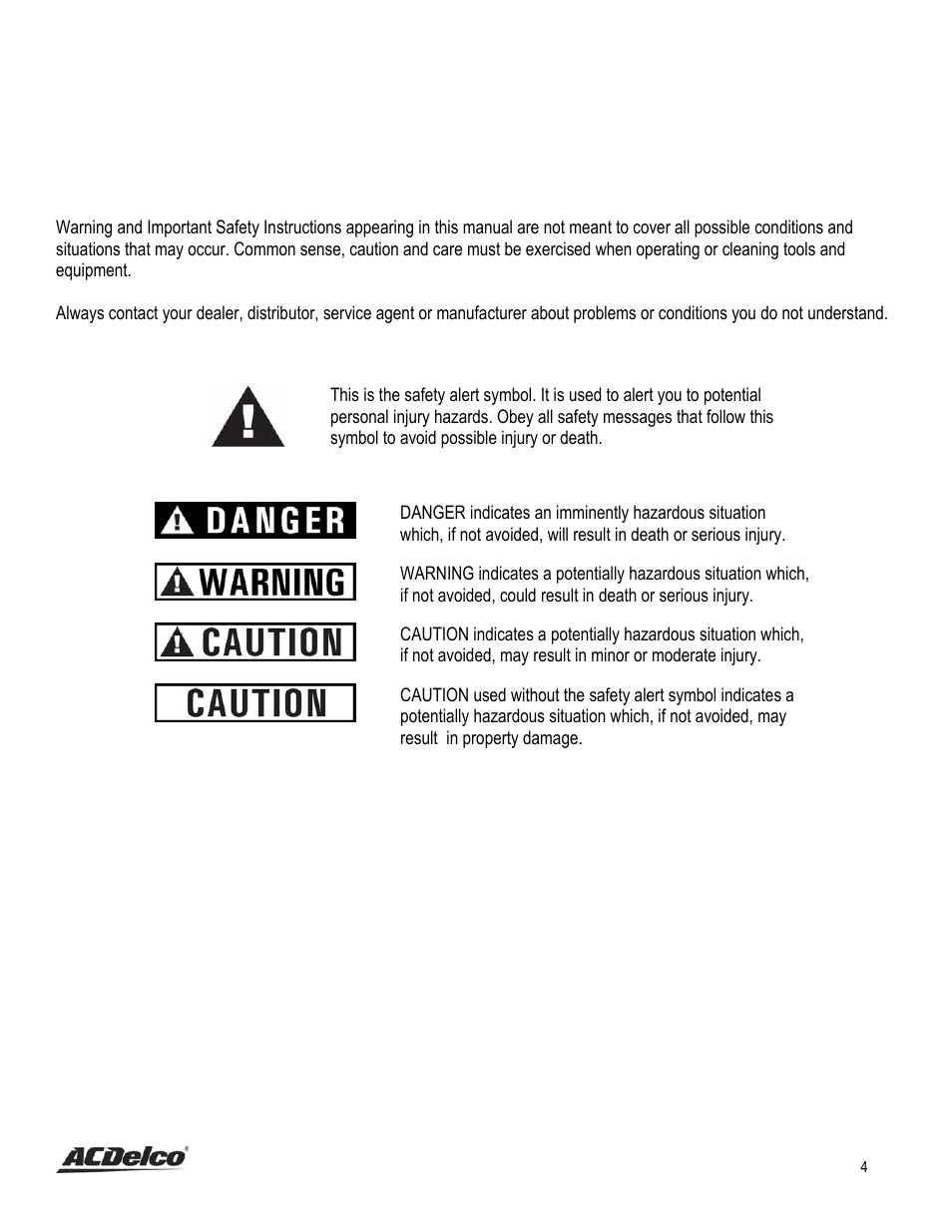 Recognize safety symbols, words and labels, What you need to know about safety instructions | ACDelco AC-G0002 User Manual | Page 4 / 36