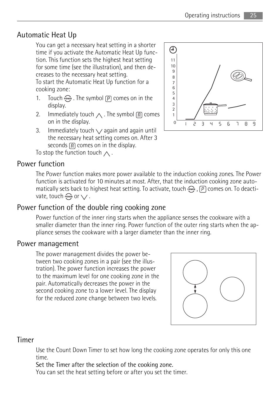 Automatic heat up, Power function, Power function of the double ring cooking zone | Power management, Timer | AEG HK673532FB User Manual | Page 25 / 64