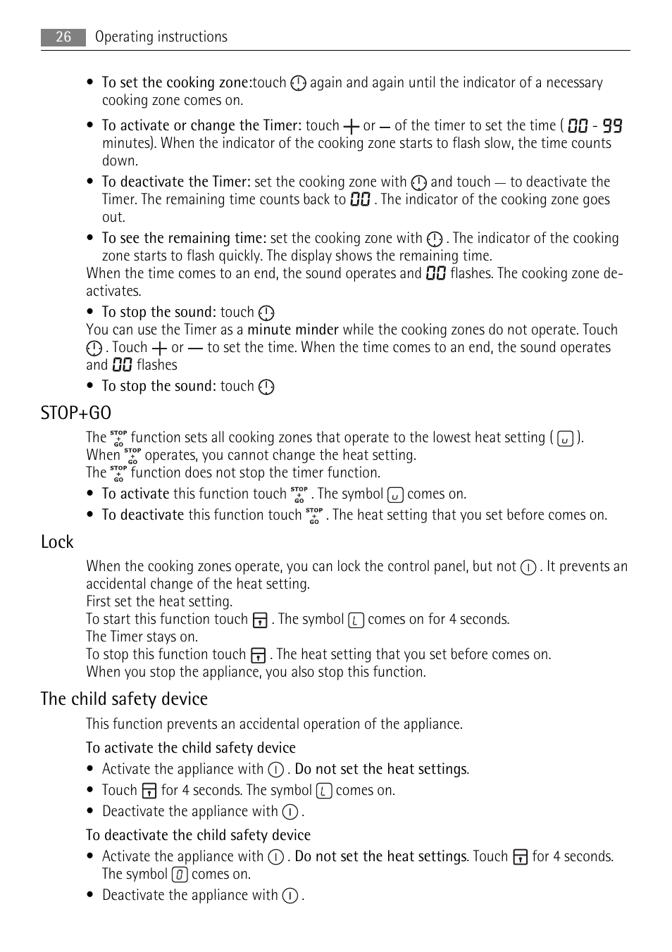Stop+go, Lock, The child safety device | AEG HK673532FB User Manual | Page 26 / 64