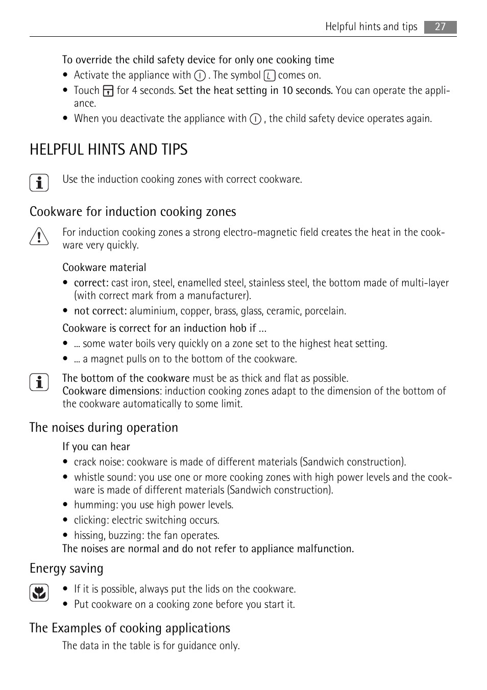 Helpful hints and tips, Cookware for induction cooking zones, The noises during operation | Energy saving, The examples of cooking applications | AEG HK673532FB User Manual | Page 27 / 64