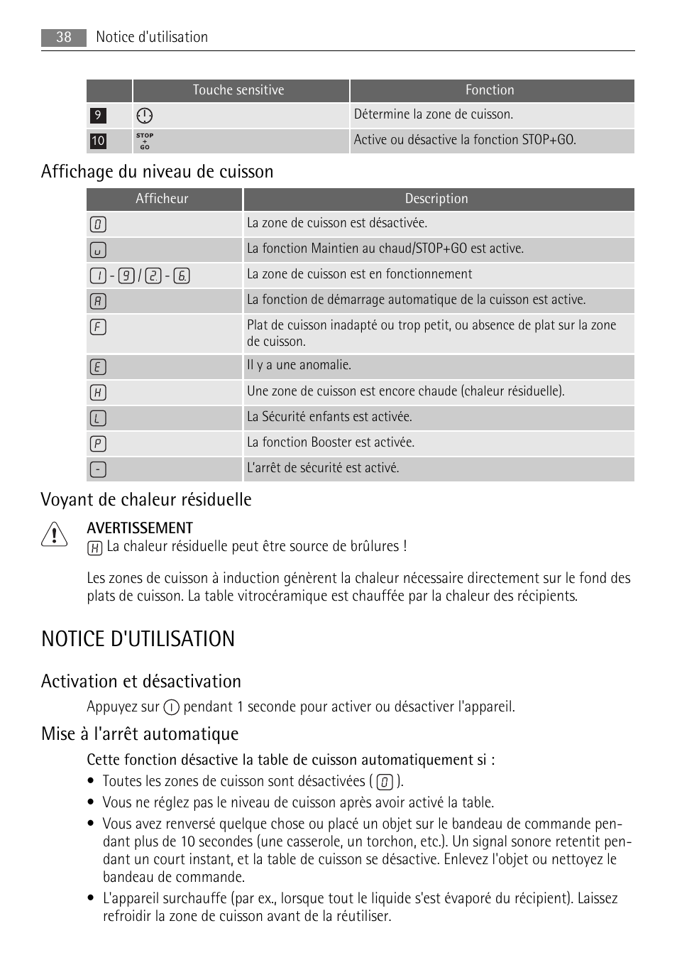 Notice d'utilisation, Affichage du niveau de cuisson, Voyant de chaleur résiduelle | Activation et désactivation, Mise à l'arrêt automatique | AEG HK673532FB User Manual | Page 38 / 64
