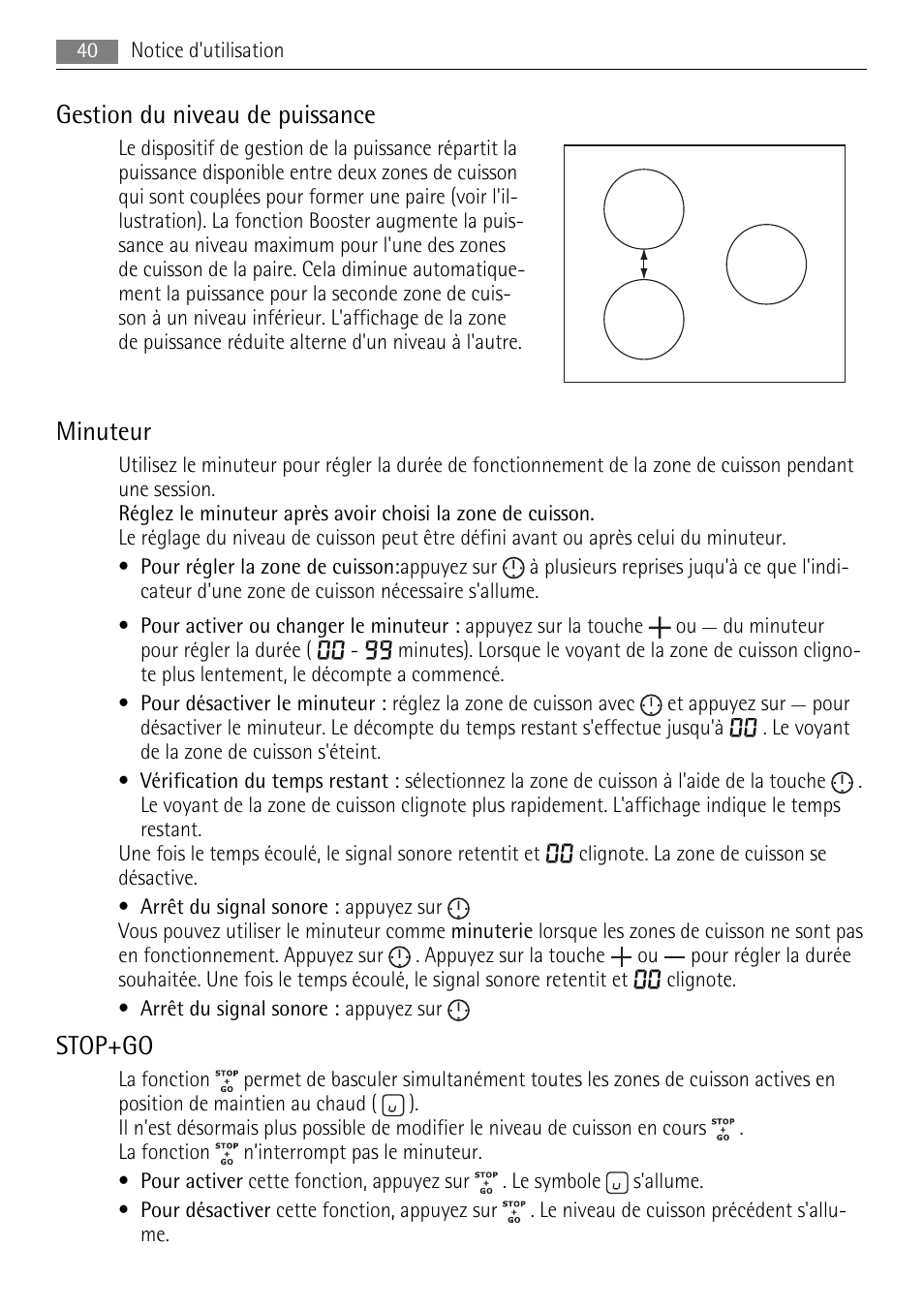 Gestion du niveau de puissance, Minuteur, Stop+go | AEG HK673532FB User Manual | Page 40 / 64