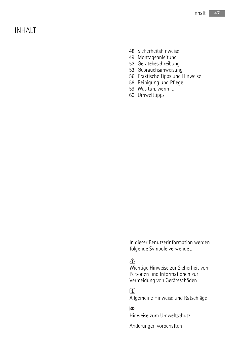 Inhalt | AEG HK673532FB User Manual | Page 47 / 64