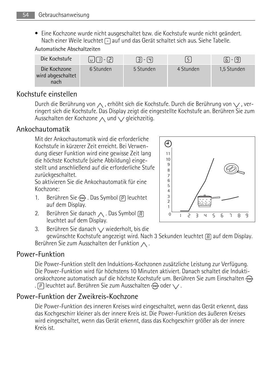Kochstufe einstellen, Ankochautomatik, Power-funktion | Power-funktion der zweikreis-kochzone | AEG HK673532FB User Manual | Page 54 / 64