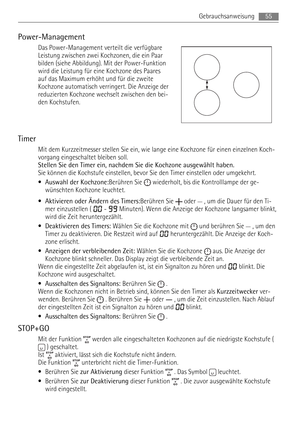 Power-management, Timer, Stop+go | AEG HK673532FB User Manual | Page 55 / 64