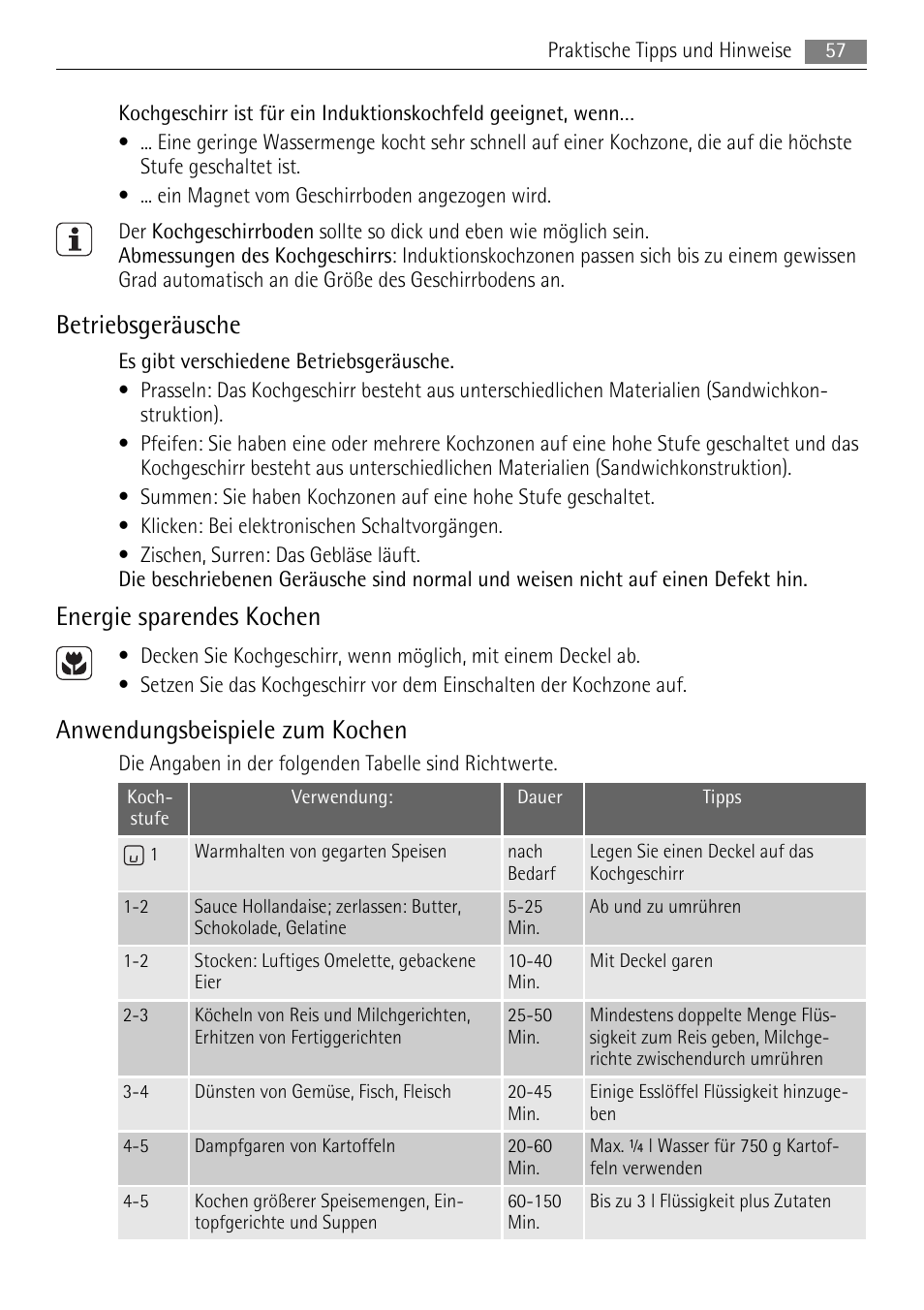 Betriebsgeräusche, Energie sparendes kochen, Anwendungsbeispiele zum kochen | AEG HK673532FB User Manual | Page 57 / 64