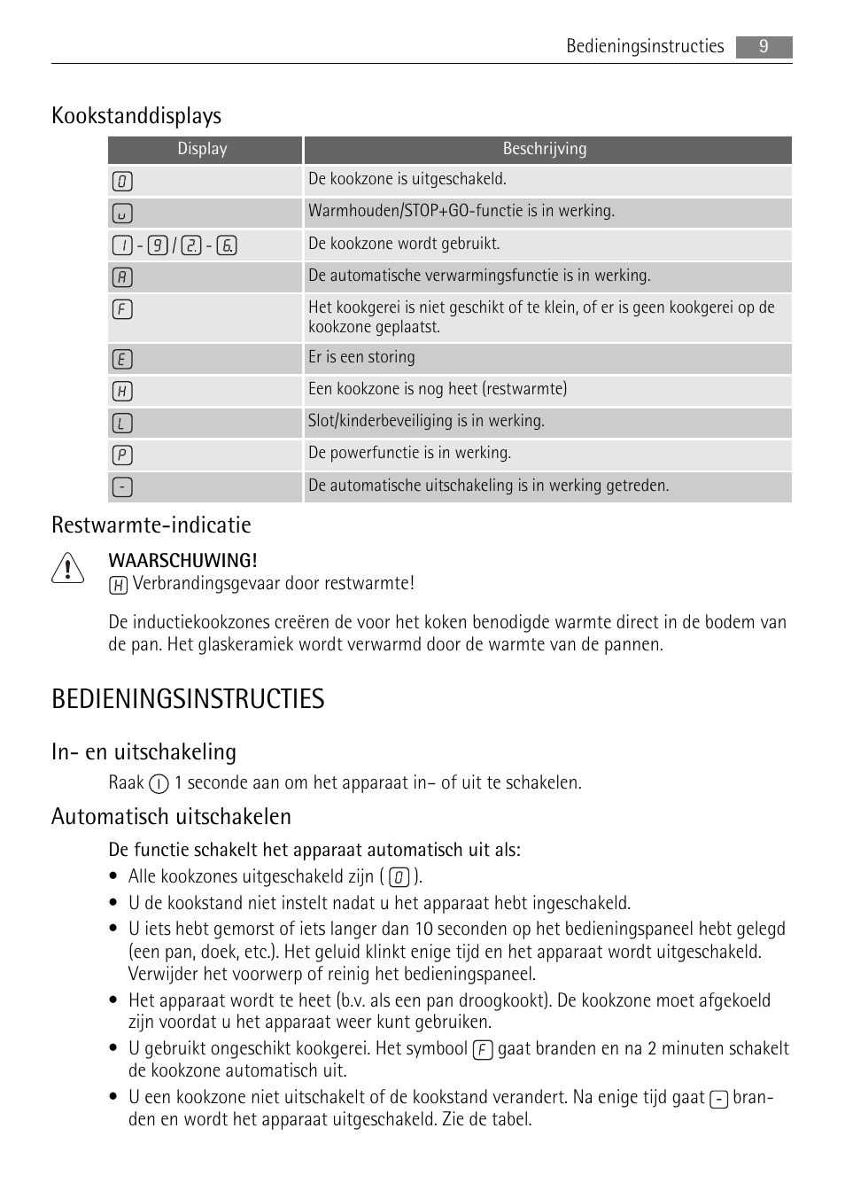 Bedieningsinstructies, Kookstanddisplays, Restwarmte-indicatie | In- en uitschakeling, Automatisch uitschakelen | AEG HK673532FB User Manual | Page 9 / 64