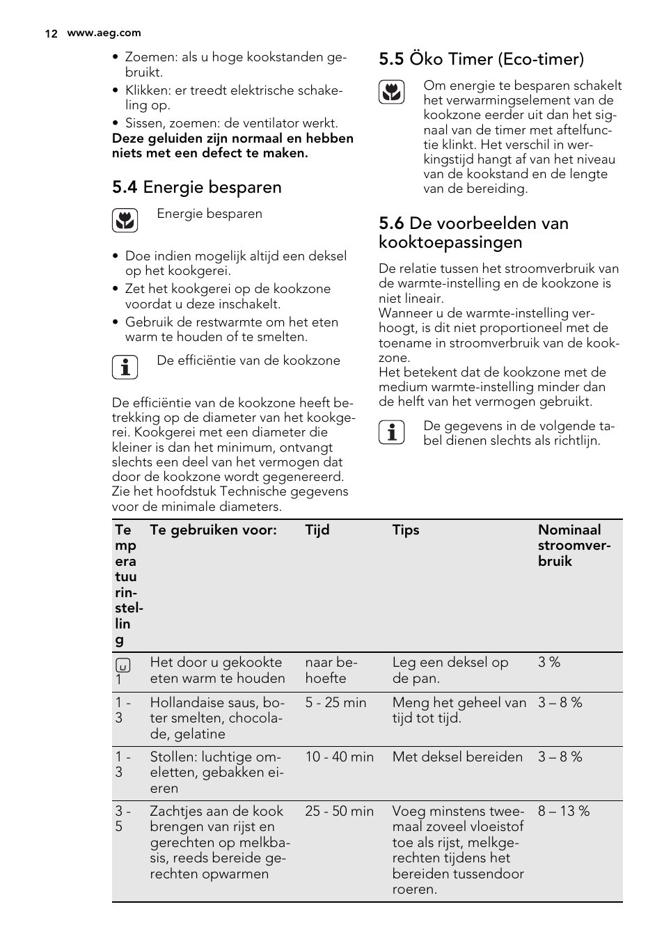 4 energie besparen, 5 öko timer (eco-timer), 6 de voorbeelden van kooktoepassingen | AEG HK653226XB User Manual | Page 12 / 72