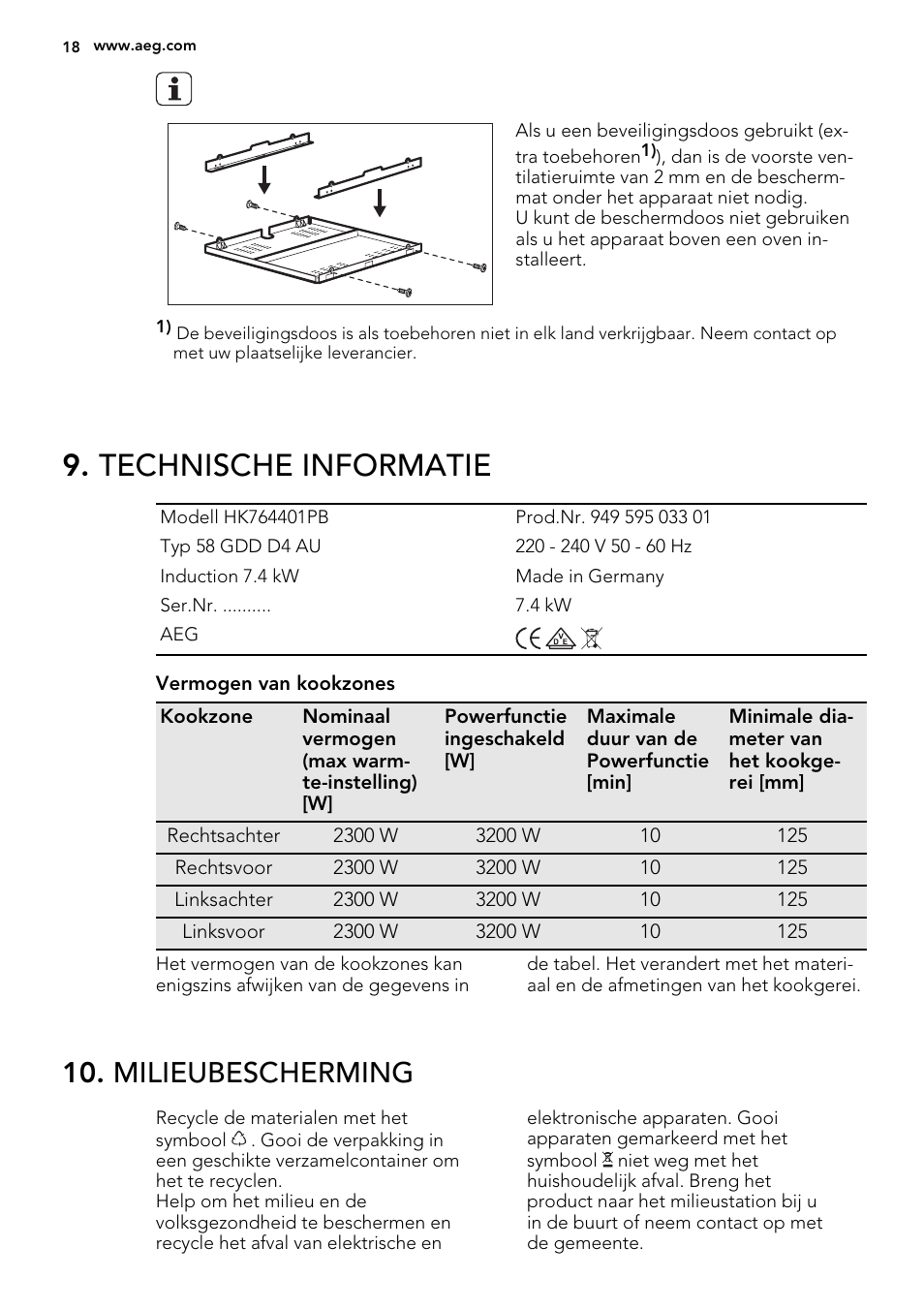 Technische informatie, Milieubescherming | AEG HK653226XB User Manual | Page 18 / 72