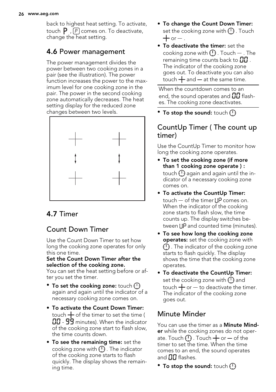 6 power management, 7 timer count down timer, Countup timer ( the count up timer) | Minute minder | AEG HK653226XB User Manual | Page 26 / 72