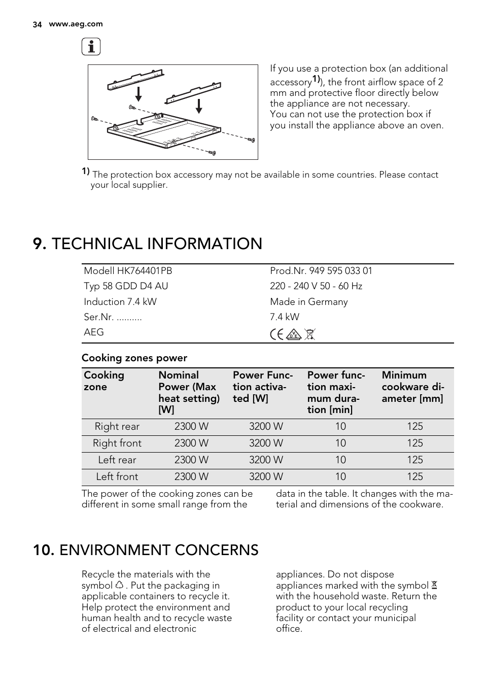 Technical information, Environment concerns | AEG HK653226XB User Manual | Page 34 / 72