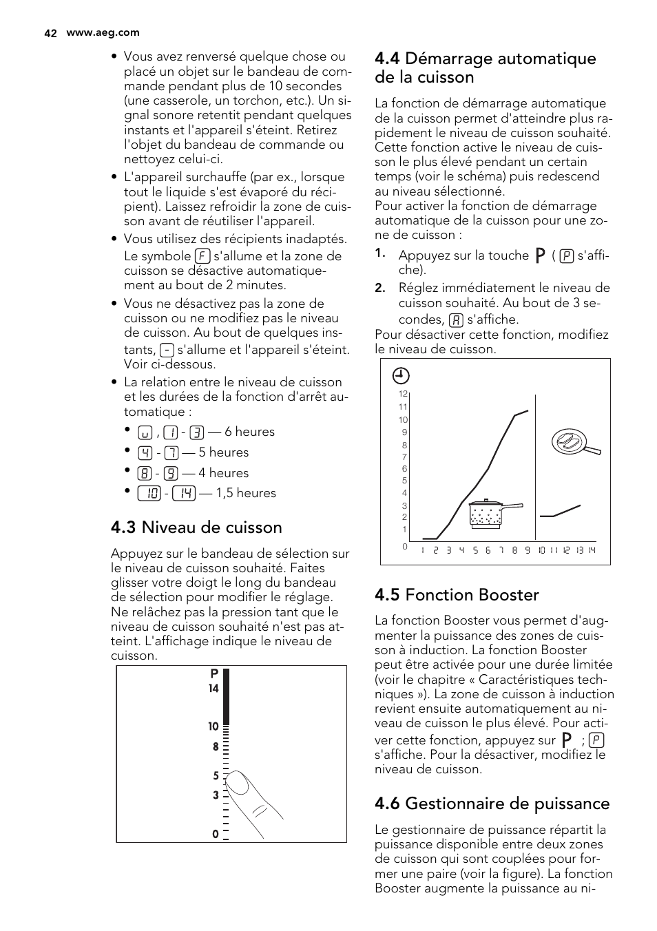 3 niveau de cuisson, 4 démarrage automatique de la cuisson, 5 fonction booster | 6 gestionnaire de puissance | AEG HK653226XB User Manual | Page 42 / 72