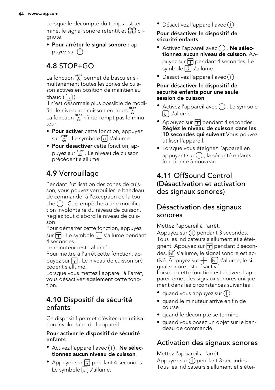 8 stop+go, 9 verrouillage, 10 dispositif de sécurité enfants | Activation des signaux sonores | AEG HK653226XB User Manual | Page 44 / 72