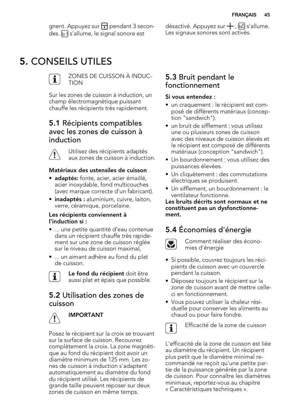 Conseils utiles, 2 utilisation des zones de cuisson, 3 bruit pendant le fonctionnement | 4 économies d'énergie | AEG HK653226XB User Manual | Page 45 / 72