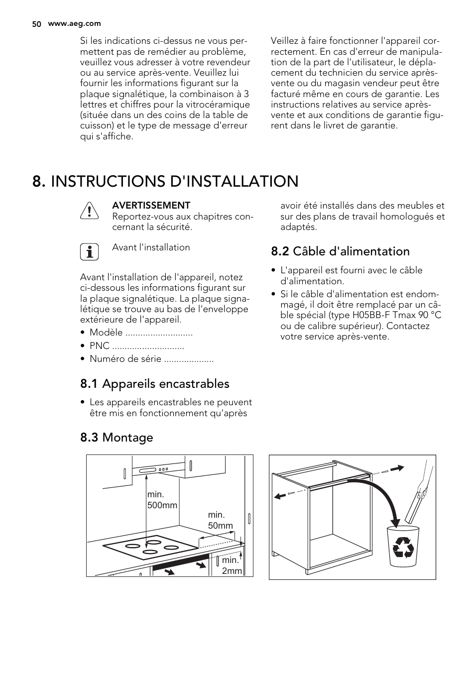 Instructions d'installation, 1 appareils encastrables, 2 câble d'alimentation | 3 montage | AEG HK653226XB User Manual | Page 50 / 72