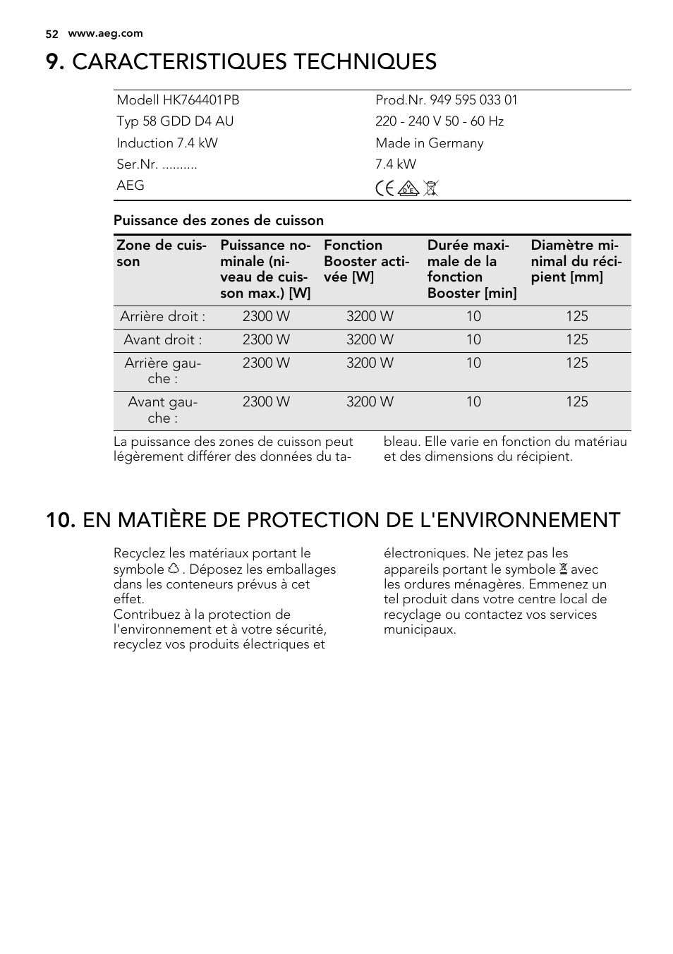 Caracteristiques techniques, En matière de protection de l'environnement | AEG HK653226XB User Manual | Page 52 / 72