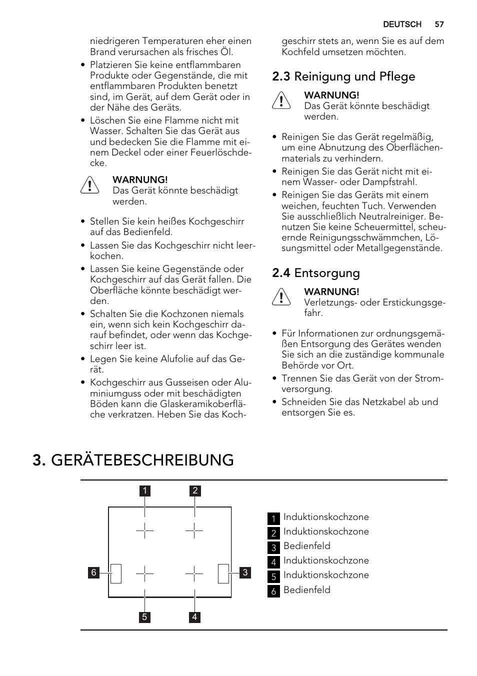 Gerätebeschreibung, 3 reinigung und pflege, 4 entsorgung | AEG HK653226XB User Manual | Page 57 / 72