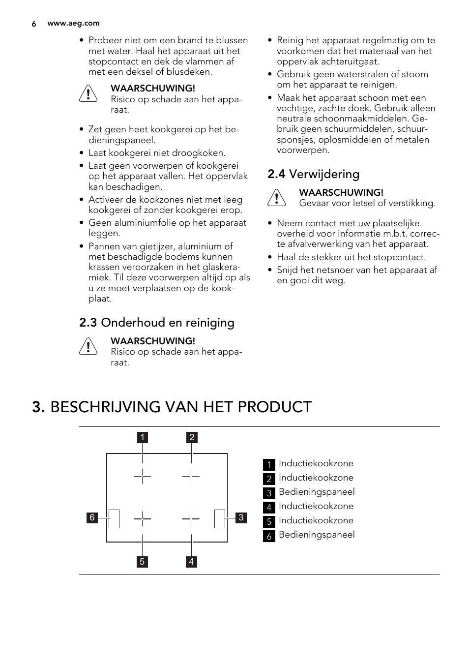 Beschrijving van het product, 3 onderhoud en reiniging, 4 verwijdering | AEG HK653226XB User Manual | Page 6 / 72