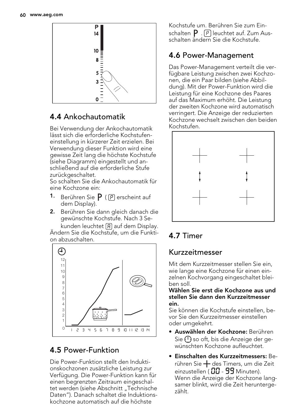 4 ankochautomatik, 5 power-funktion, 6 power-management | 7 timer kurzzeitmesser | AEG HK653226XB User Manual | Page 60 / 72
