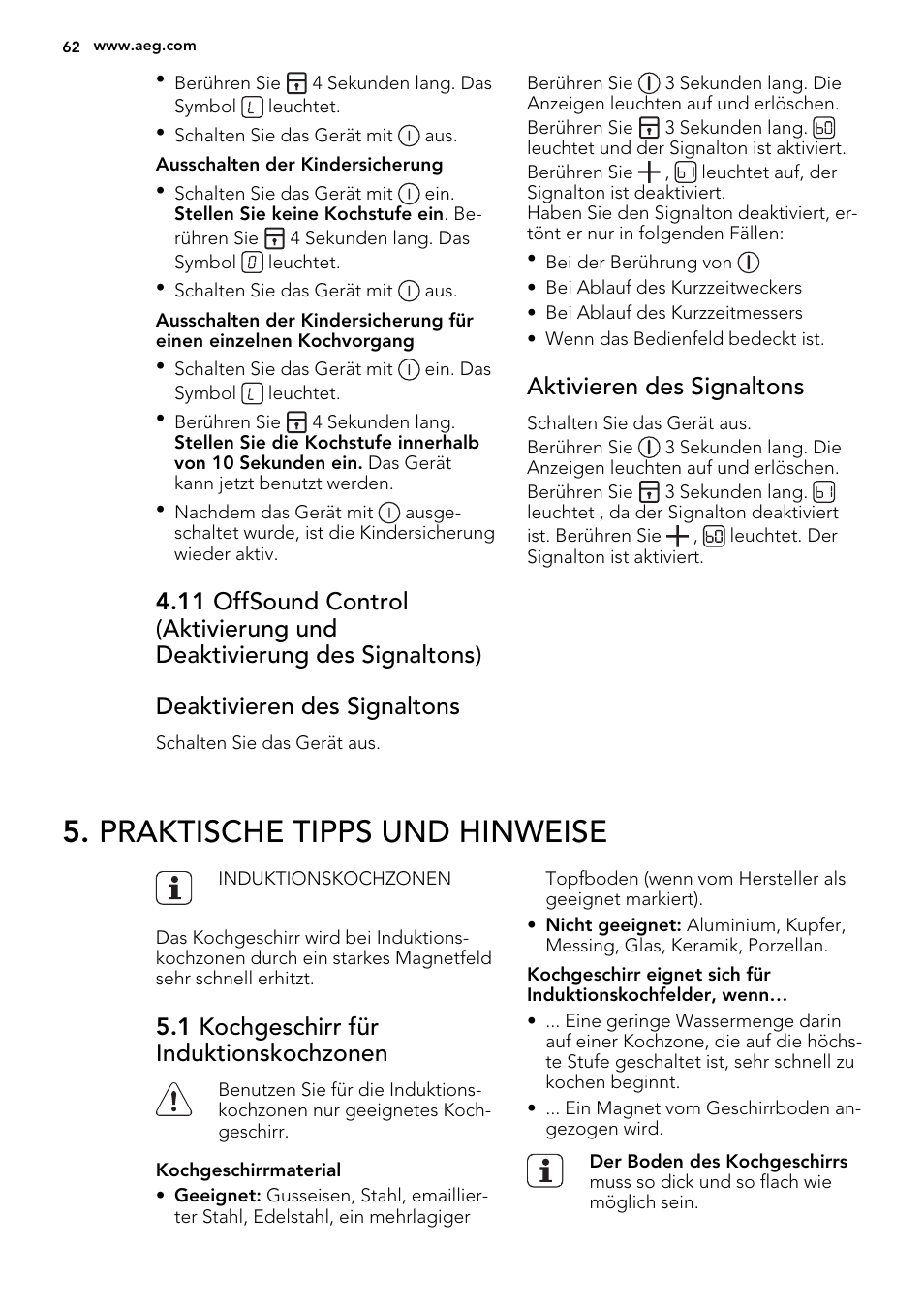 Praktische tipps und hinweise, Aktivieren des signaltons, 1 kochgeschirr für induktionskochzonen | AEG HK653226XB User Manual | Page 62 / 72