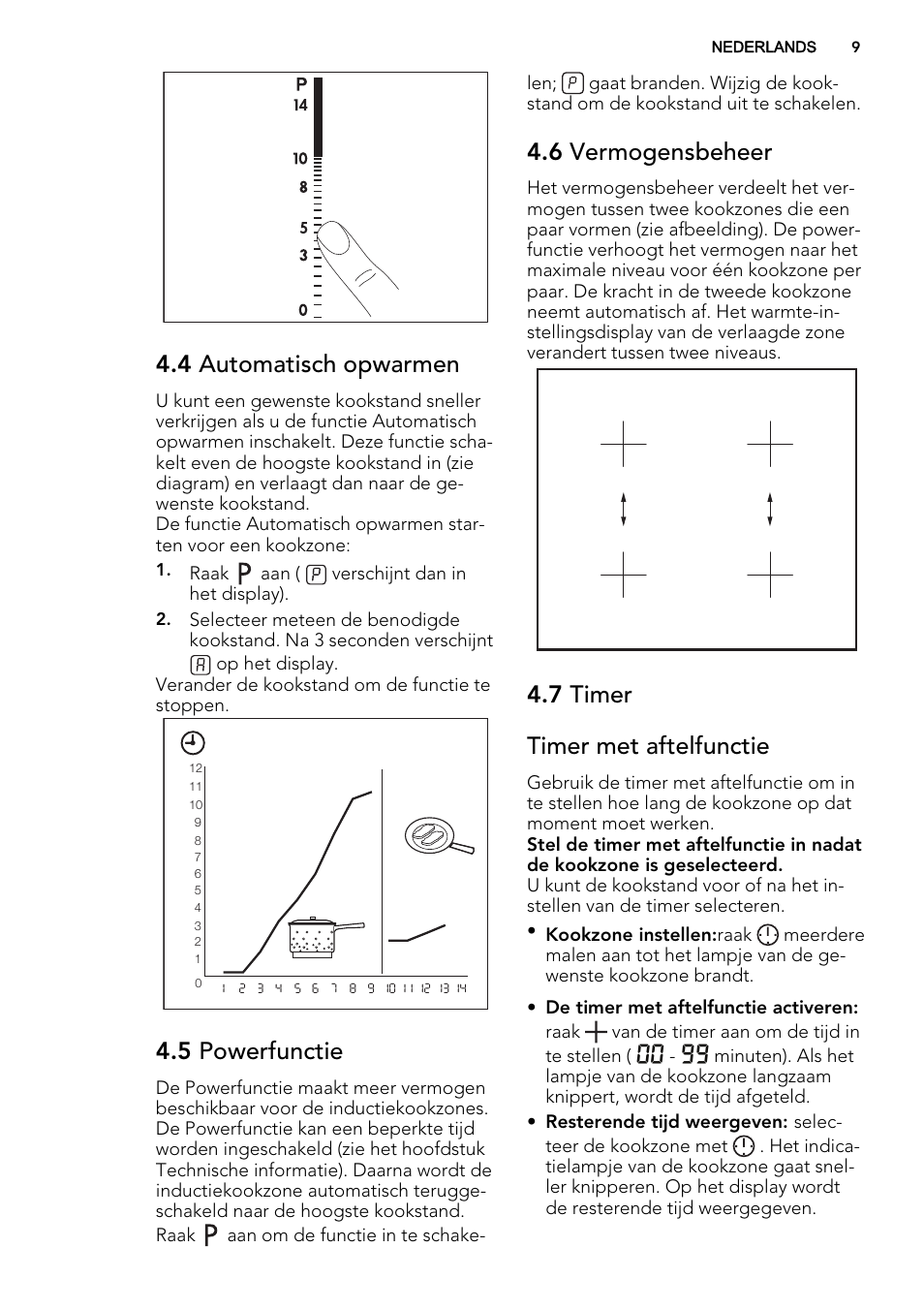 4 automatisch opwarmen, 5 powerfunctie, 6 vermogensbeheer | 7 timer timer met aftelfunctie | AEG HK653226XB User Manual | Page 9 / 72