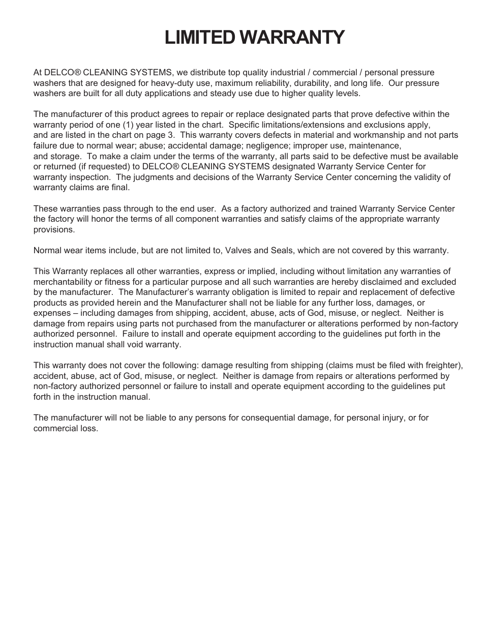 Limited warranty | Delco PN 09301 A User Manual | Page 2 / 22